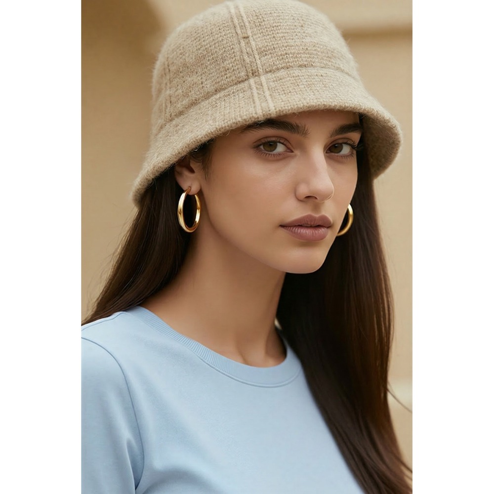 Angora Wool Blend Bucket Hat Beige‎ Tan Fuzzy Knit Cloche RN 105797 Size 57cm